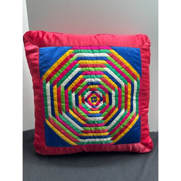 Quilted Pillow Geometric Pattern 14"x14" Multicolor Cotton & Satin - Picture 1 of 6